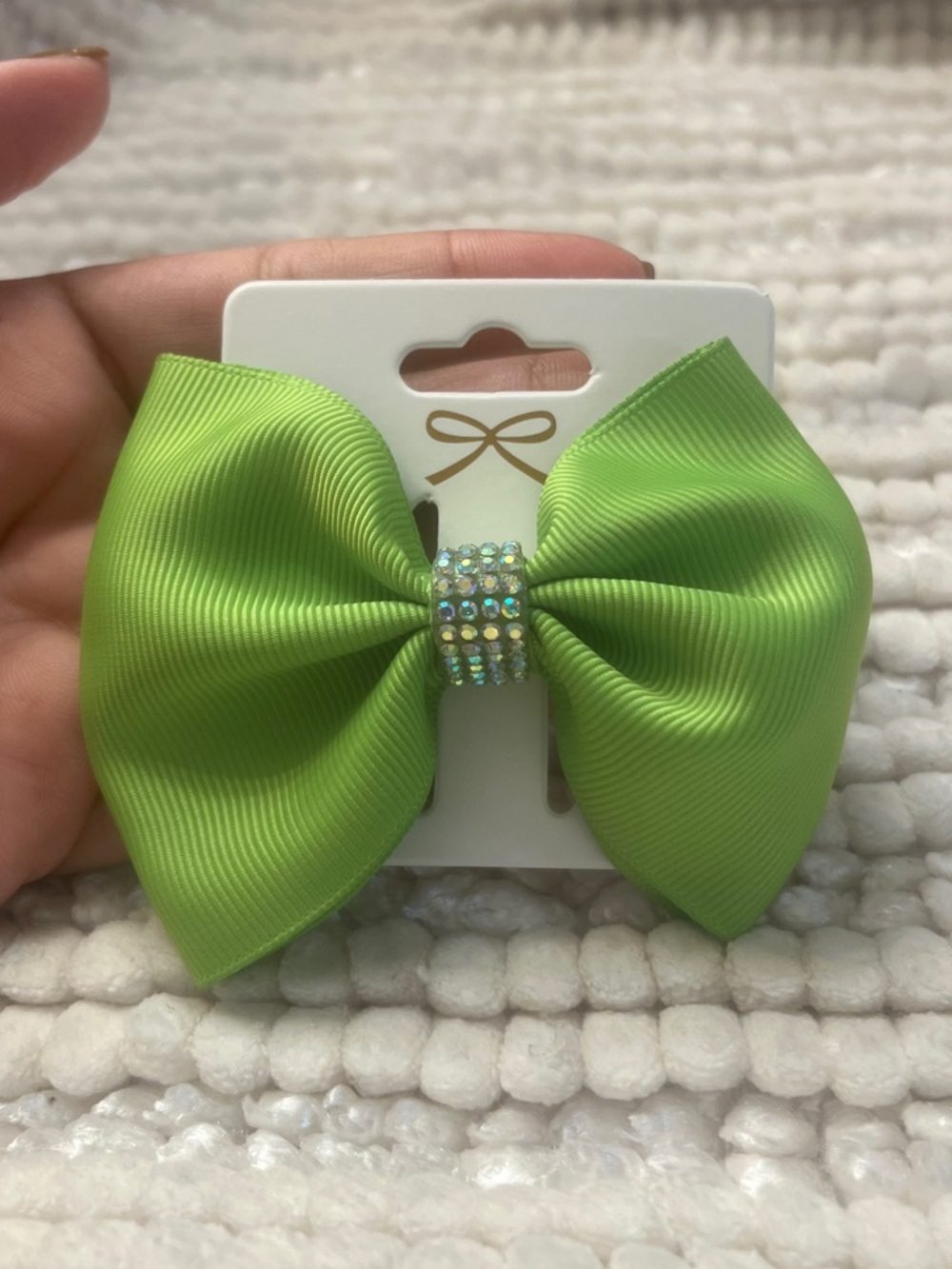 Bright Lime Green Rhinestone Center Girls Hair Bow Clip